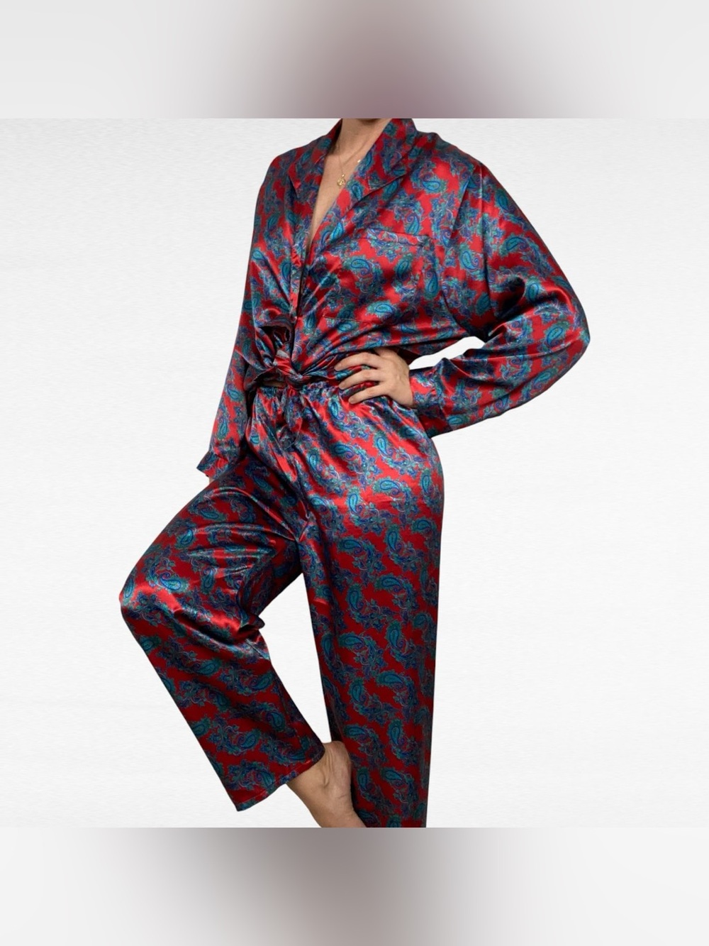 Vintage Victoria’s Secret Red Blue Paisley Sleek Satin Pajama Shirt Pants Set